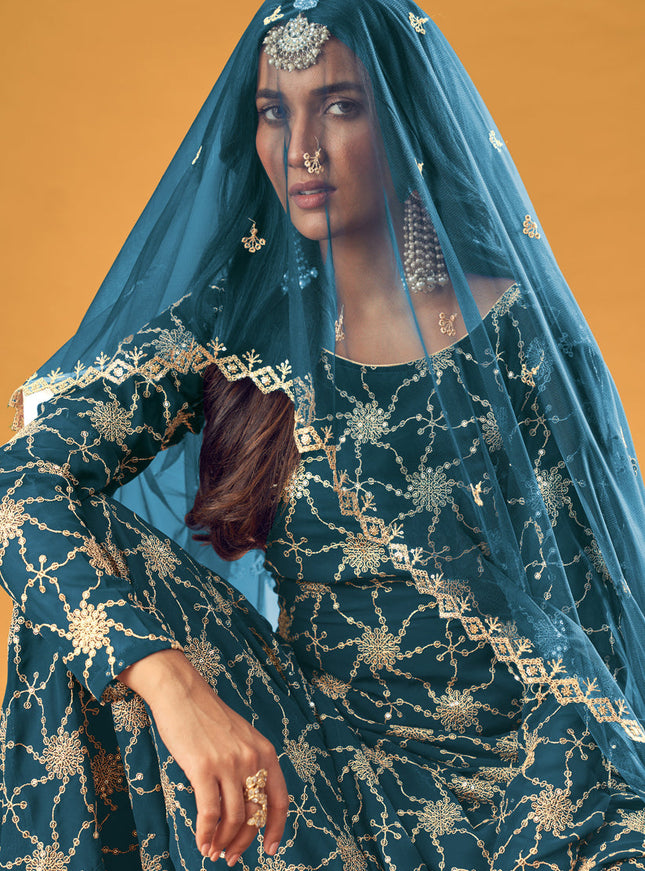 Bewitching Peacock Blue Faux Georgette Embroidered Palazzo Kameez