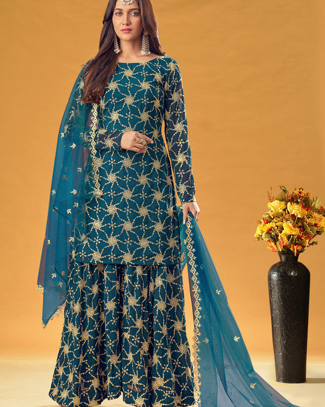 Bewitching Peacock Blue Faux Georgette Embroidered Palazzo Kameez