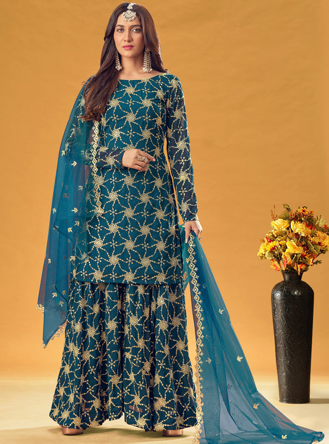 Bewitching Peacock Blue Faux Georgette Embroidered Palazzo Kameez