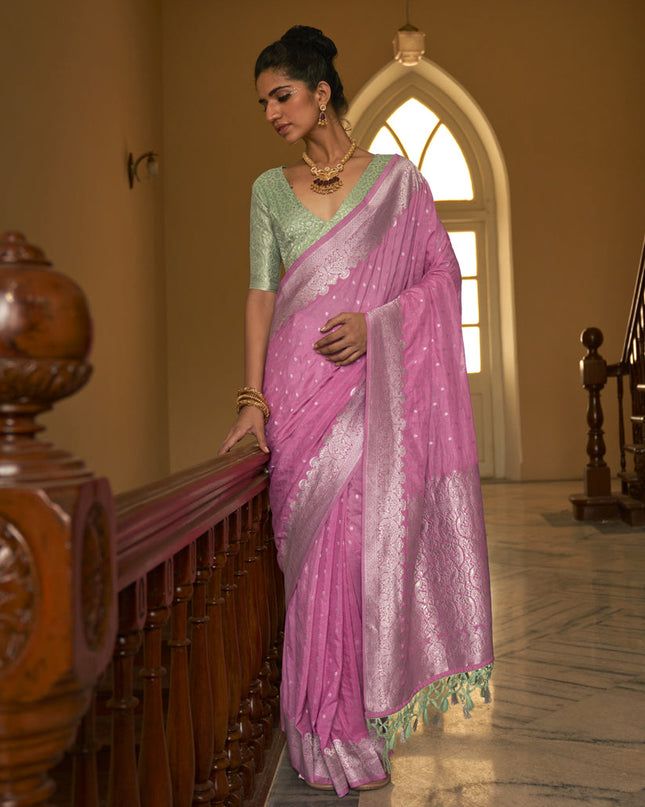 Pink Nylon Crepe Zari Woven Saree For Festival