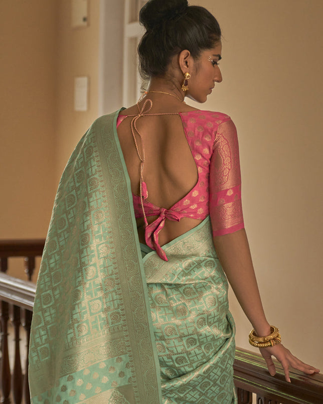 Pastel Green Nylon Crepe Zari Woven Saree For Festival