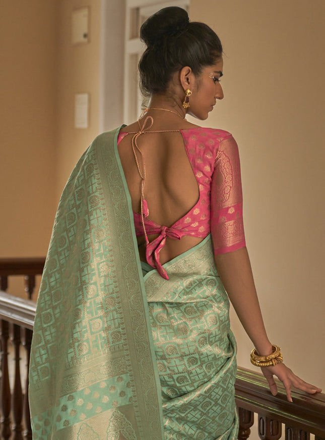 Pastel Green Nylon Crepe Zari Woven Saree For Festival