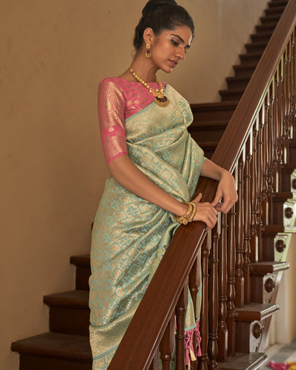 Pastel Green Nylon Crepe Zari Woven Saree For Festival