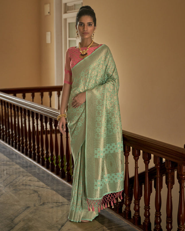 Pastel Green Nylon Crepe Zari Woven Saree For Festival