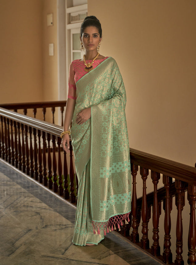 Pastel Green Nylon Crepe Zari Woven Saree For Festival