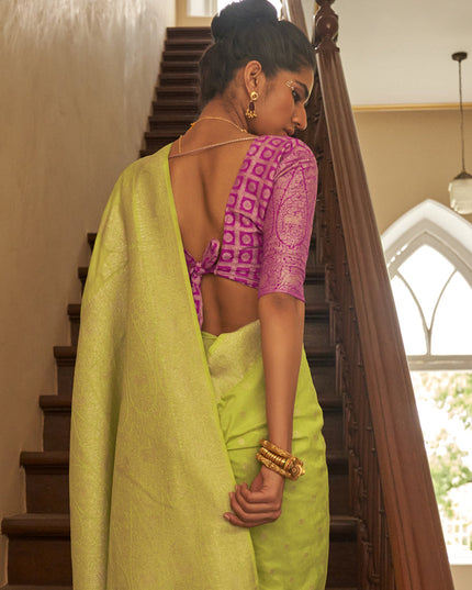 Parrot Green Nylon Crepe Zari Woven Saree For Festival