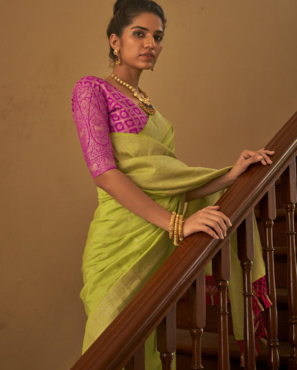 Parrot Green Nylon Crepe Zari Woven Saree For Festival