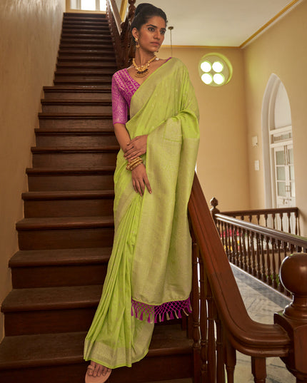Parrot Green Nylon Crepe Zari Woven Saree For Festival