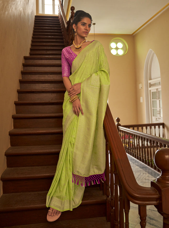 Parrot Green Nylon Crepe Zari Woven Saree For Festival