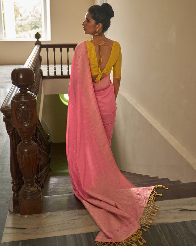 Coral Pink Nylon Crepe Zari Woven Saree For Festival