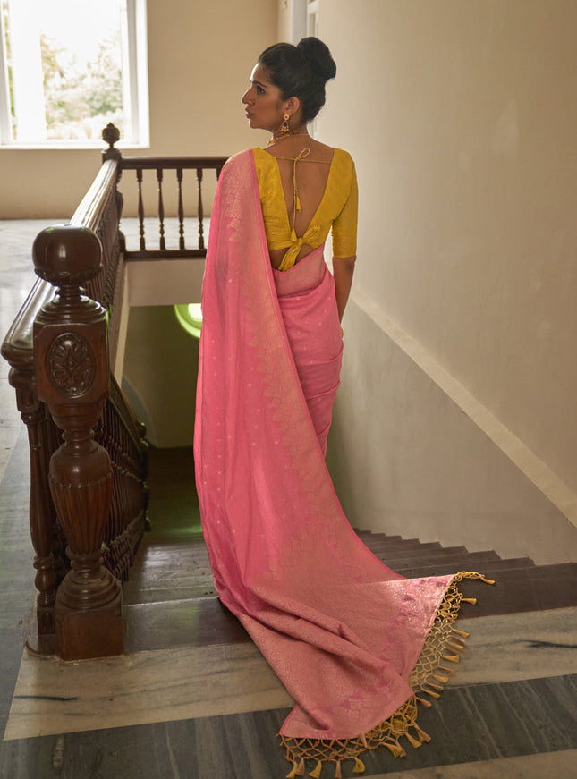 Coral Pink Nylon Crepe Zari Woven Saree For Festival