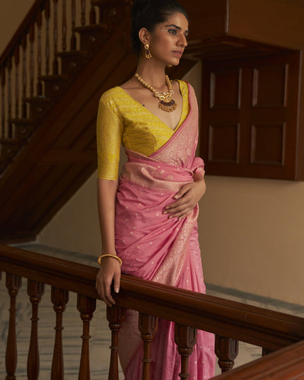 Coral Pink Nylon Crepe Zari Woven Saree For Festival