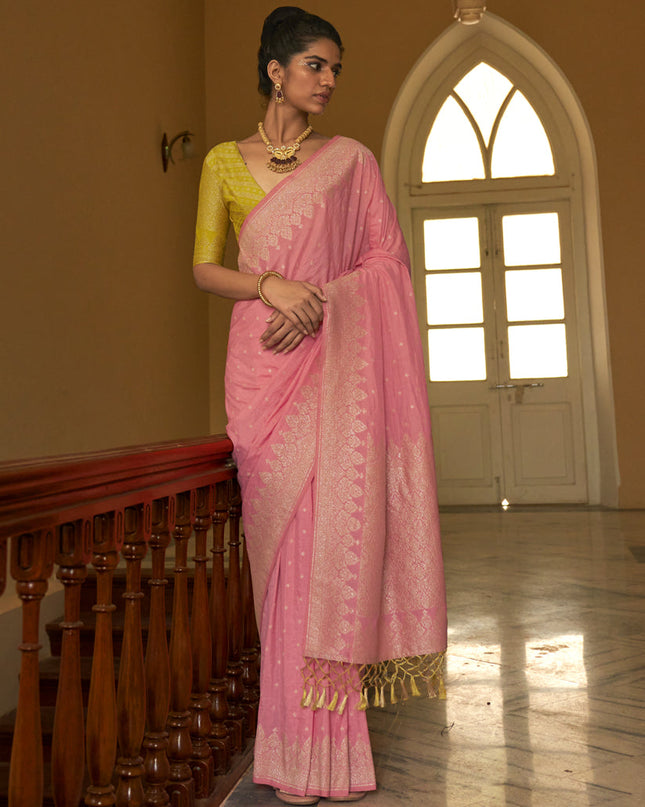 Coral Pink Nylon Crepe Zari Woven Saree For Festival