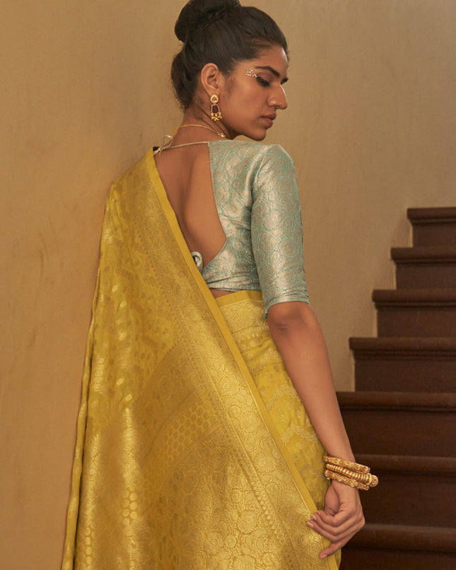 Corn Yellow Nylon Crepe Zari Woven Saree For Festival