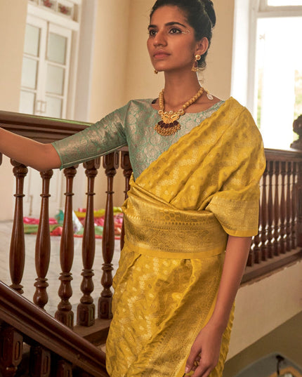 Corn Yellow Nylon Crepe Zari Woven Saree For Festival