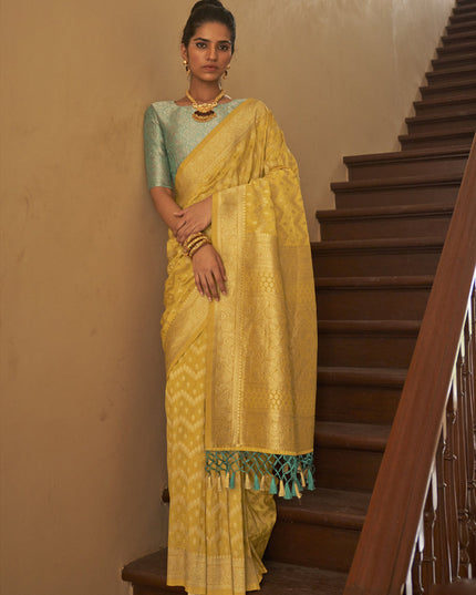 Corn Yellow Nylon Crepe Zari Woven Saree For Festival