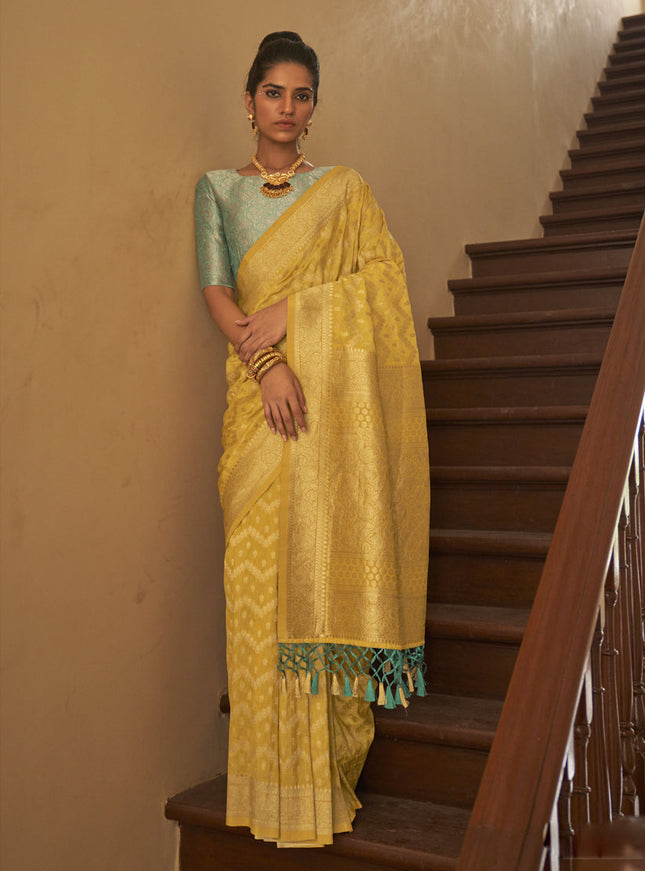 Corn Yellow Nylon Crepe Zari Woven Saree For Festival