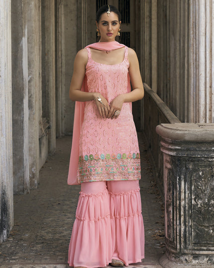 Coral Pink Faux Georgette Embroidered Designer Sharara Kameez
