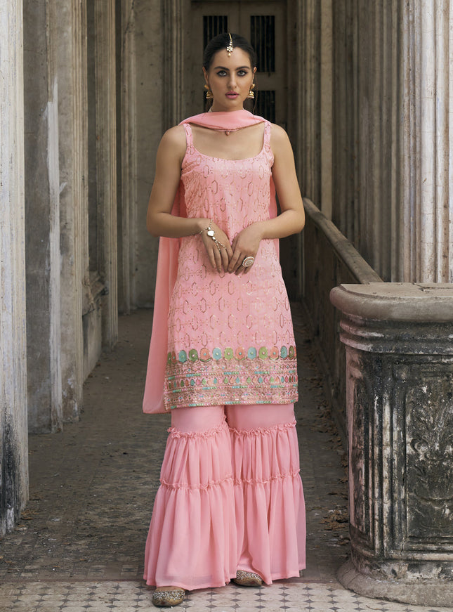 Coral Pink Faux Georgette Embroidered Designer Sharara Kameez
