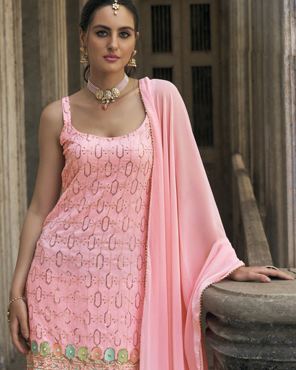 Coral Pink Faux Georgette Embroidered Designer Sharara Kameez