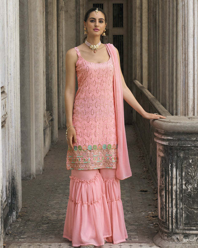 Coral Pink Faux Georgette Embroidered Designer Sharara Kameez