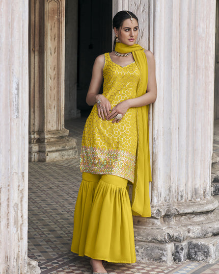 Lime Yellow Faux Georgette Embroidered Designer Sharara Kameez