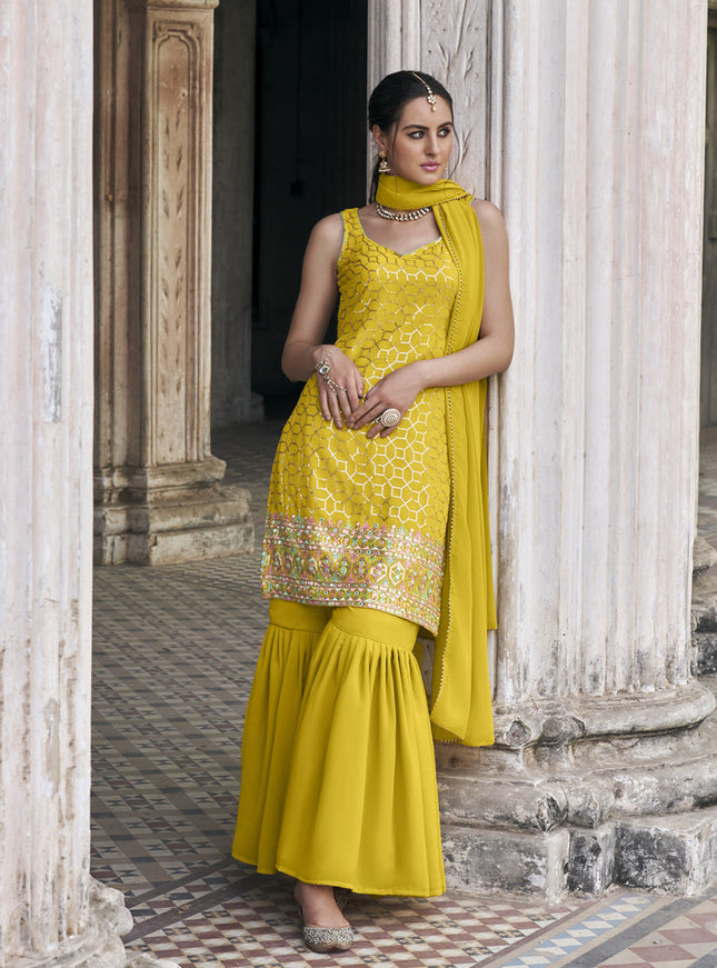 Lime Yellow Faux Georgette Embroidered Designer Sharara Kameez