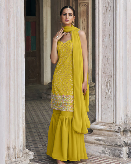 Lime Yellow Faux Georgette Embroidered Designer Sharara Kameez