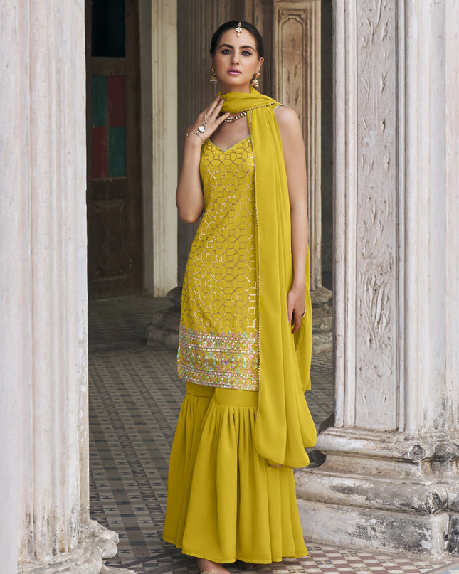 Lime Yellow Faux Georgette Embroidered Designer Sharara Kameez