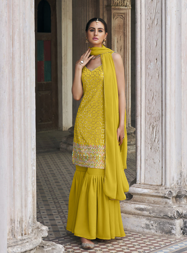 Lime Yellow Faux Georgette Embroidered Designer Sharara Kameez