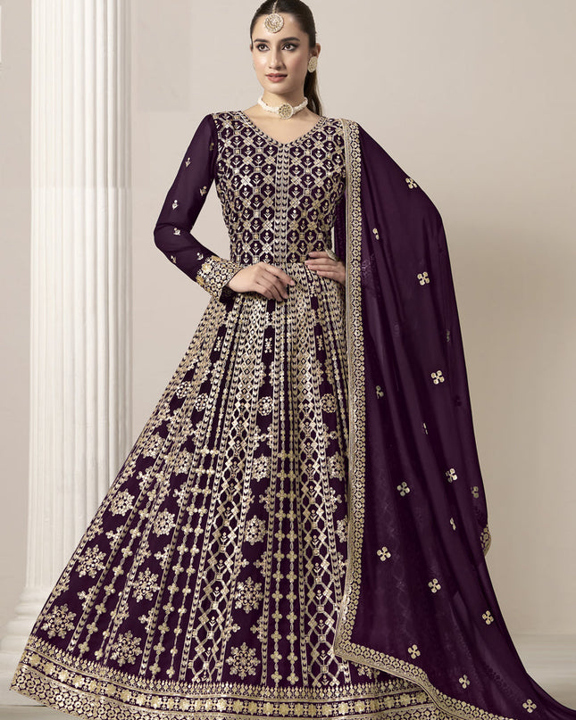 wine faux georgette embroidered anarkali suit