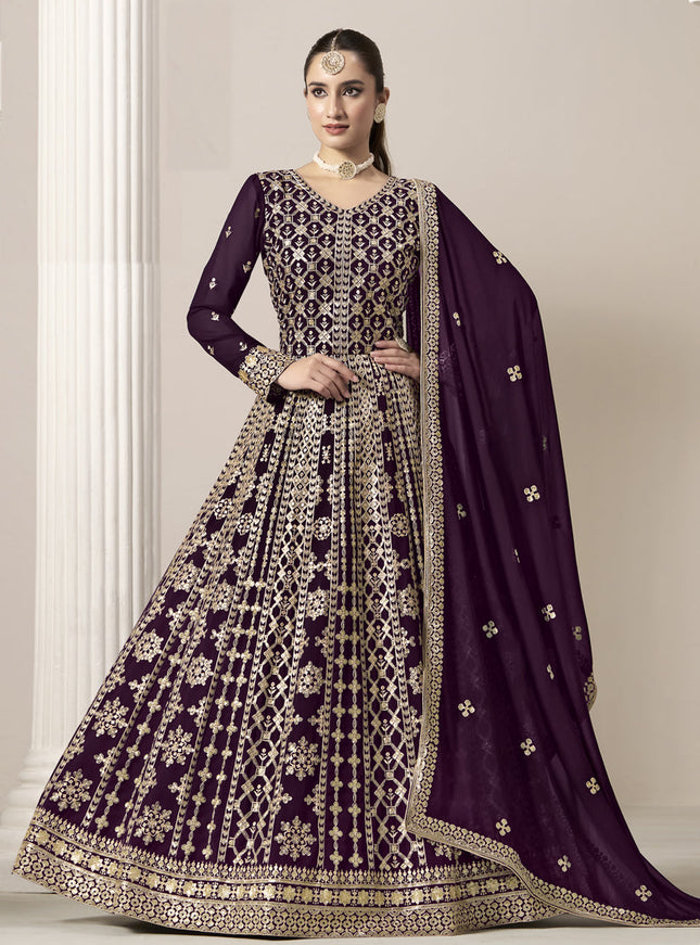 wine faux georgette embroidered anarkali suit