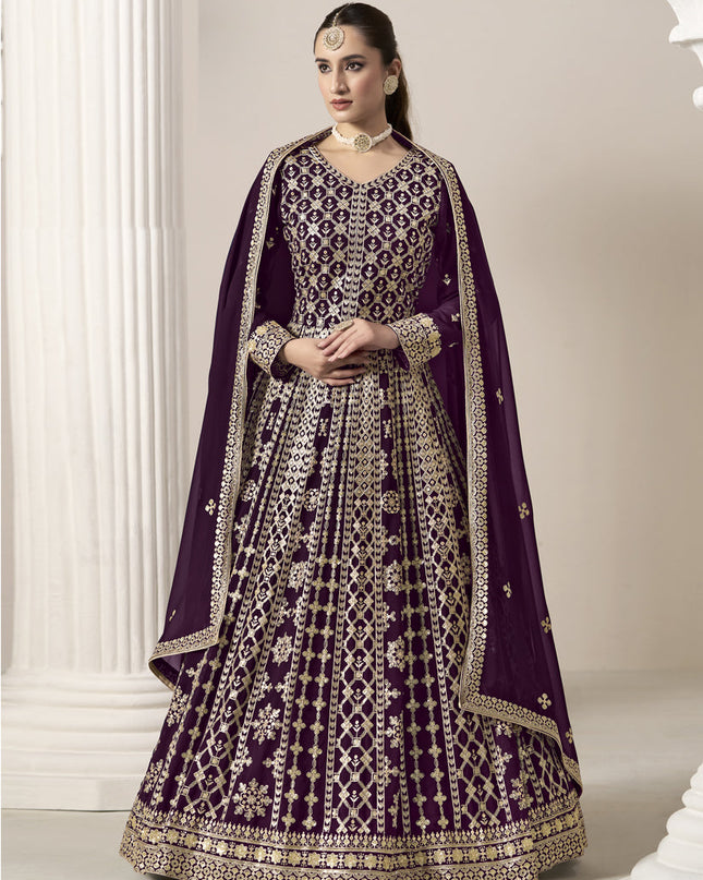 wine faux georgette embroidered anarkali suit