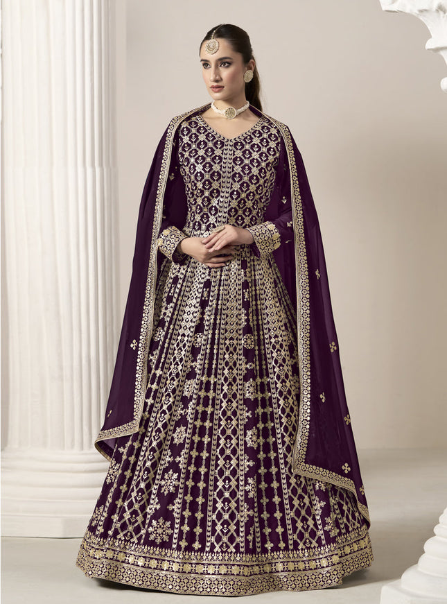 wine faux georgette embroidered anarkali suit