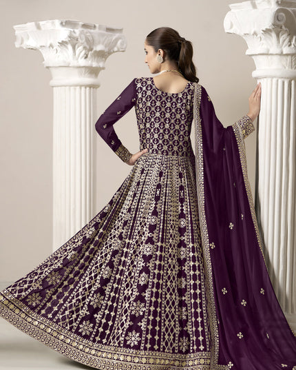 wine faux georgette embroidered anarkali suit
