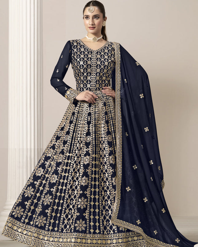 navy blue faux georgette embroidered anarkali suit