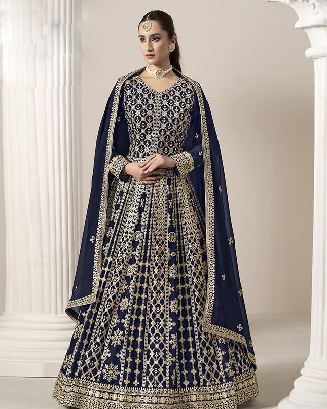 navy blue faux georgette embroidered anarkali suit
