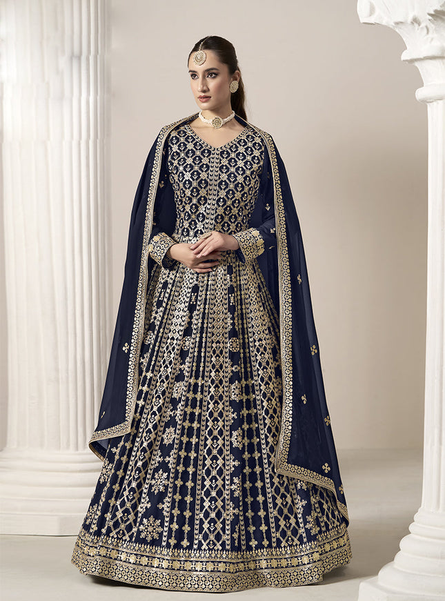 navy blue faux georgette embroidered anarkali suit