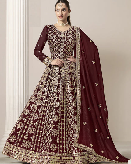 maroon faux georgette embroidered anarkali suit