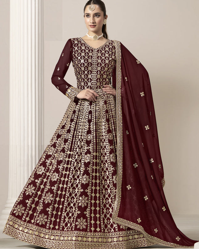 maroon faux georgette embroidered anarkali suit