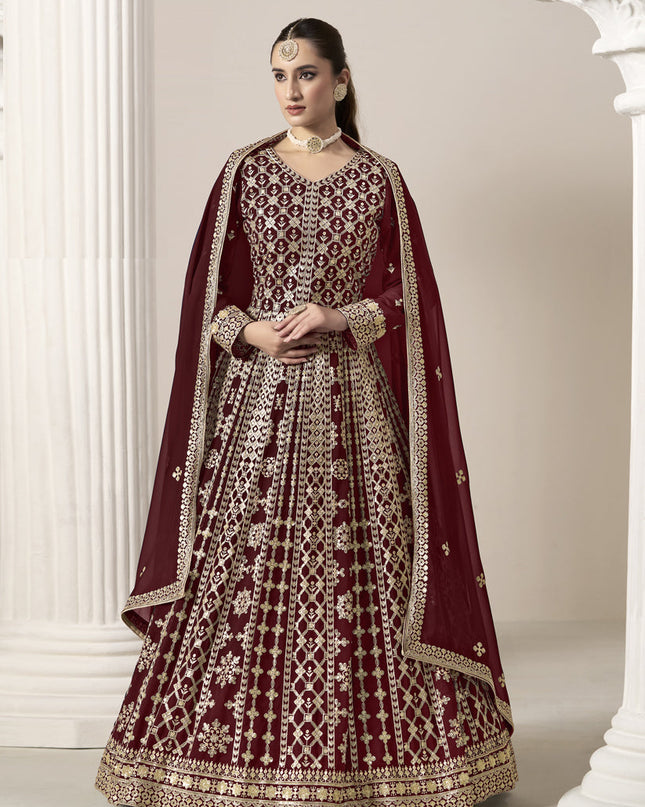 maroon faux georgette embroidered anarkali suit