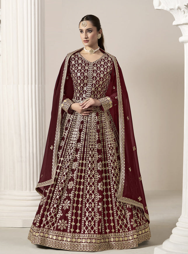 maroon faux georgette embroidered anarkali suit