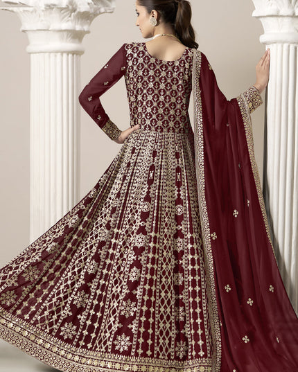 maroon faux georgette embroidered anarkali suit