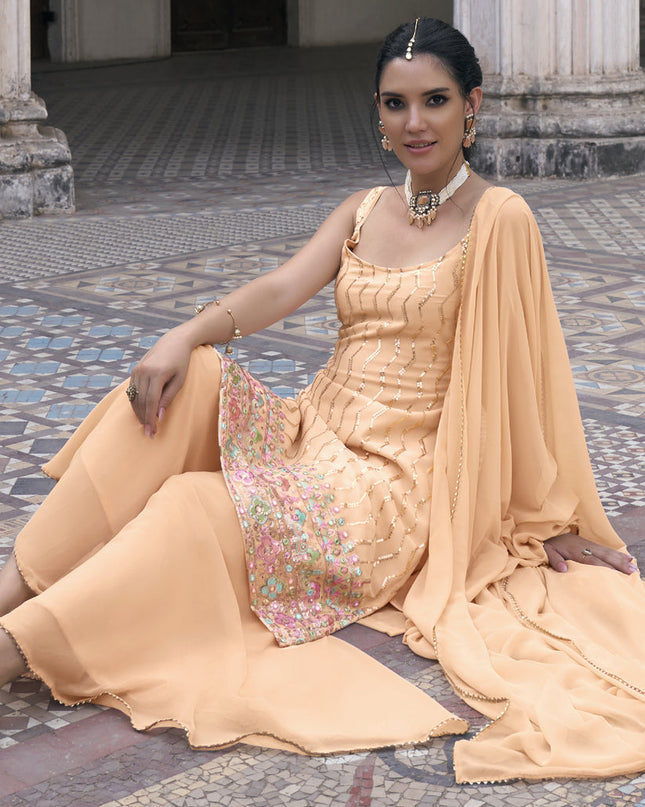 Apricot Faux Georgette Embroidered Designer Sharara Kameez