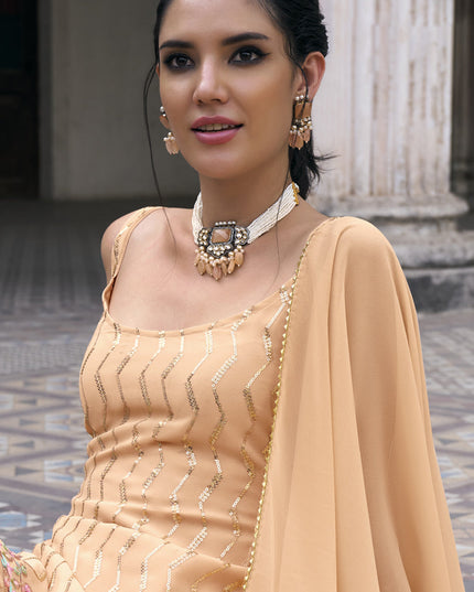 Apricot Faux Georgette Embroidered Designer Sharara Kameez