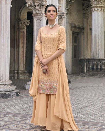 Apricot Faux Georgette Embroidered Designer Sharara Kameez