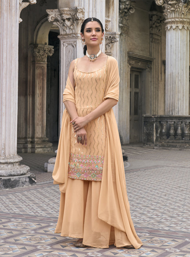 Apricot Faux Georgette Embroidered Designer Sharara Kameez