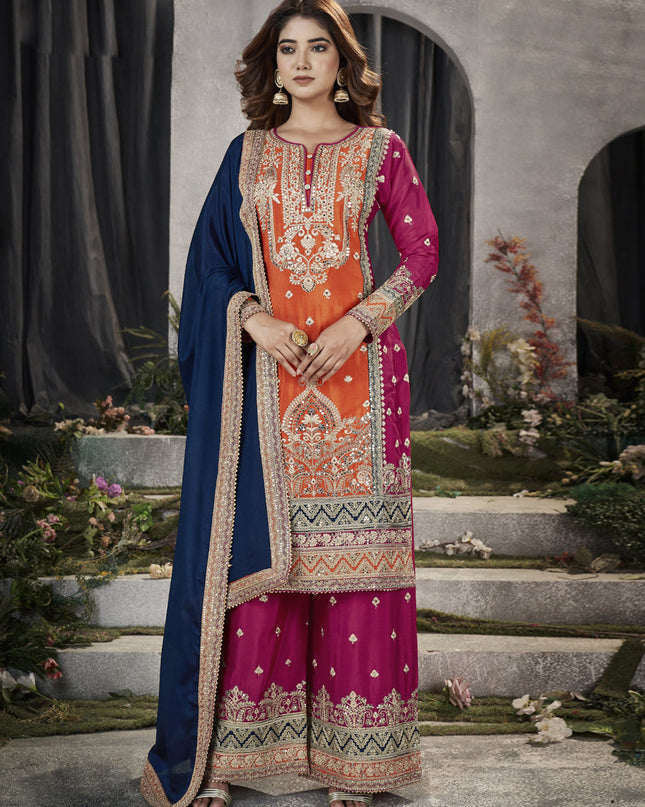 Orange Premium Chinnon Embroidered Palazzo Suit