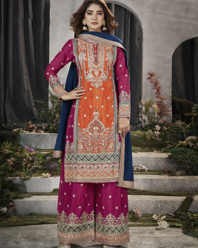 Orange Premium Chinnon Embroidered Palazzo Suit