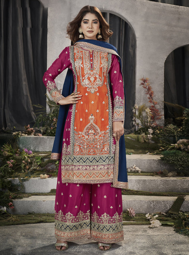 Orange Premium Chinnon Embroidered Palazzo Suit